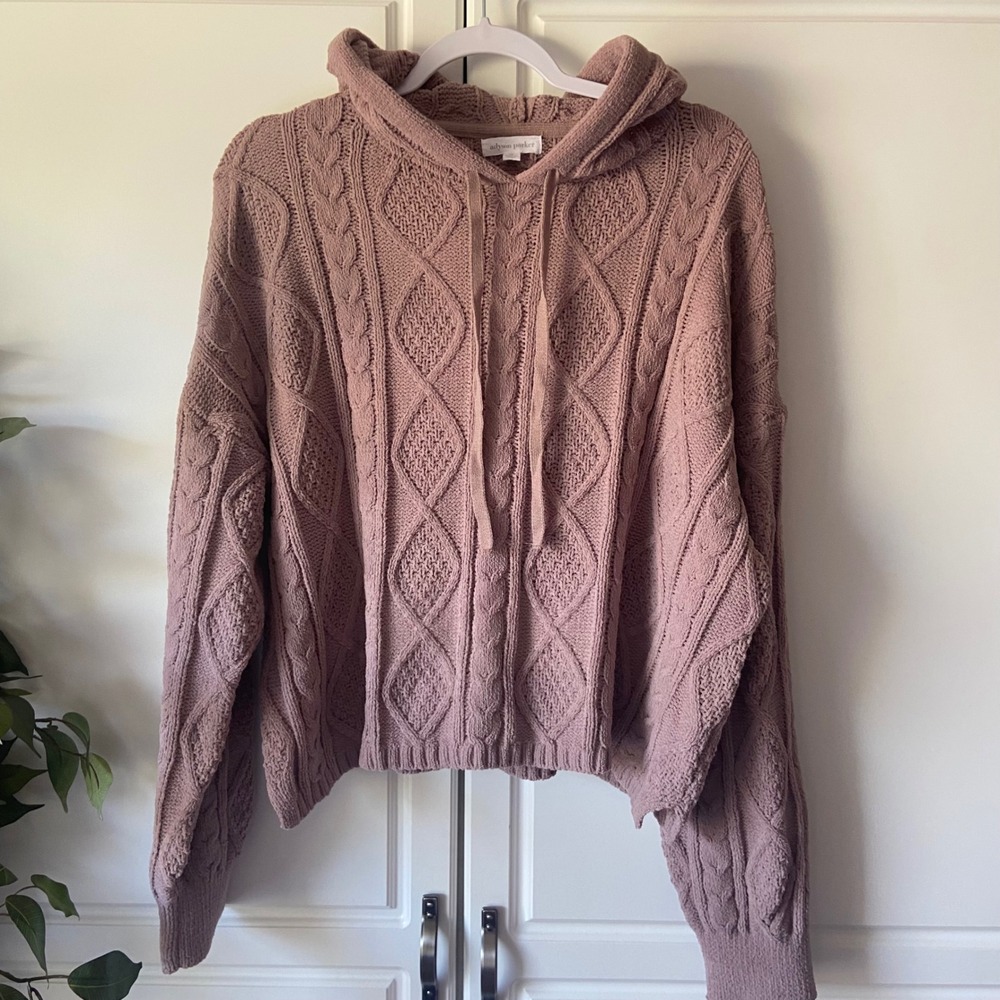 Adyson Parker Womens XL Chenille Cable Knit Hoodie Sweater Mauve Pink Long Sleev